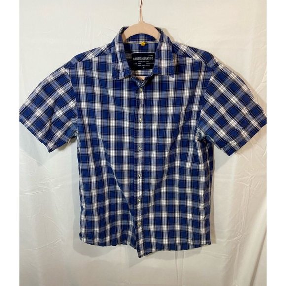 Nautica Button Up Up Shirt Adult Medium Blue‎ White Plaid Short Sleeve Mens. - Picture 1 of 6